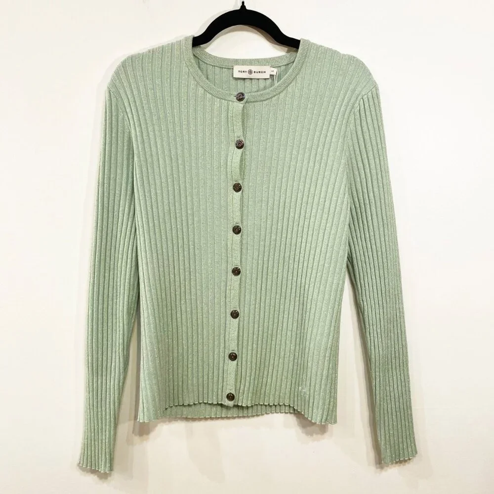 New Tory Burch Sparkle Merino Cardigan Mint Green L $448